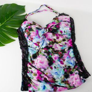Spanx Tankini Top Lace Trim Halter Colorful Swim